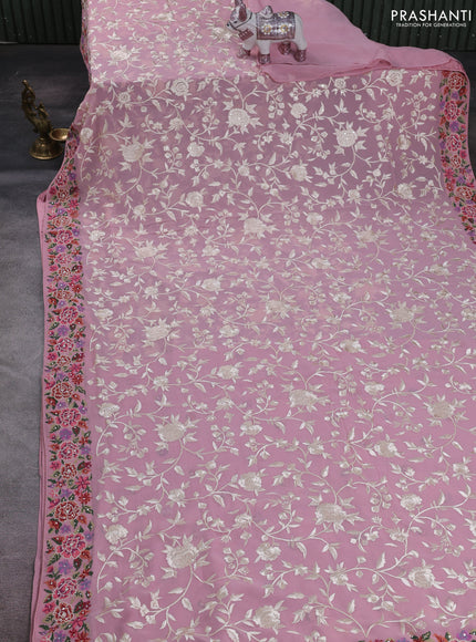 Peach Pink Georgette Saree - Embroidery