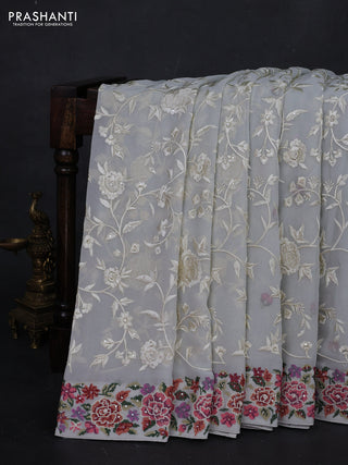 Pastel Grey Georgette Saree - Embroidery
