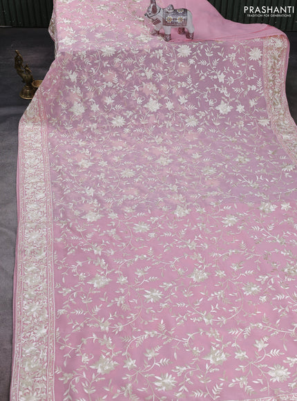 Light Pink Georgette Saree - Parsi Embroidery