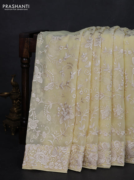 Pale Yellow Georgette Saree - Parsi Embroidery