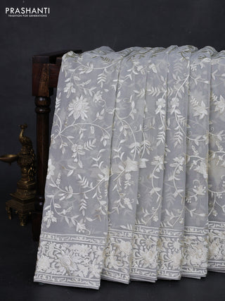 Pastel Grey Georgette Saree - Parsi Embroidery