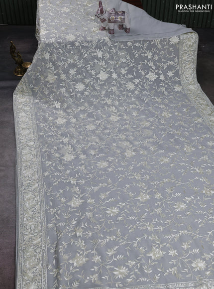 Pastel Grey Georgette Saree - Parsi Embroidery