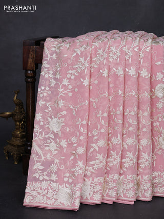 Peach Pink Georgette Saree - Parsi Embroidery