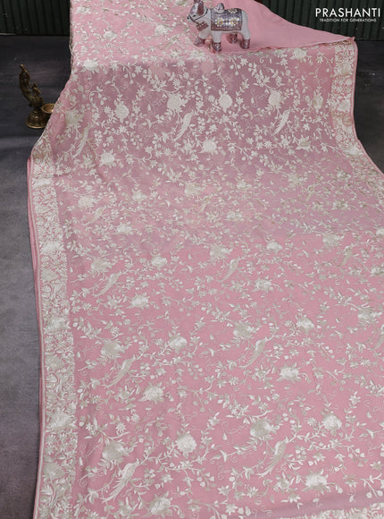 Peach Pink Georgette Saree - Parsi Embroidery