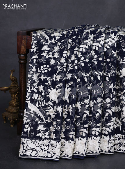 Navy Blue Georgette Saree - Parsi Embroidery