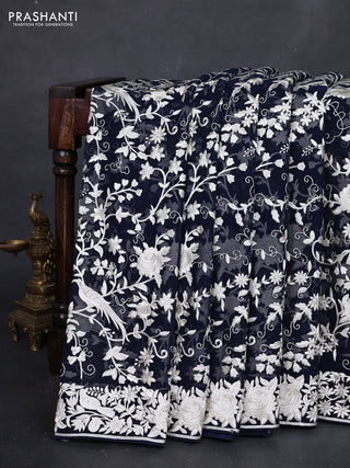 Navy Blue Georgette Saree - Parsi Embroidery