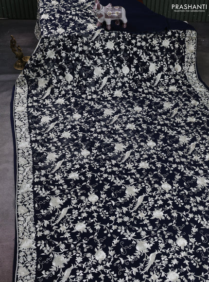 Navy Blue Georgette Saree - Parsi Embroidery