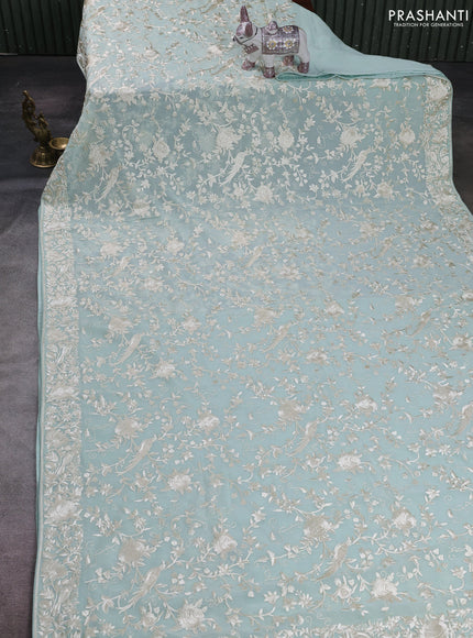 Pastel Green Georgette Saree - Parsi Embroidery