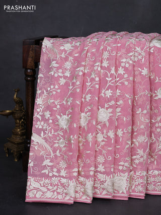 Light Pink Georgette Saree - Parsi Embroidery