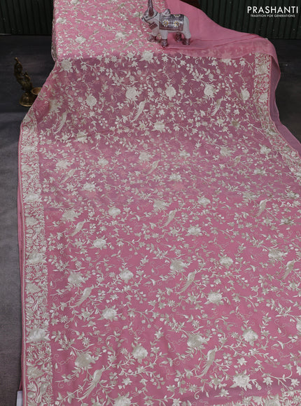 Light Pink Georgette Saree - Parsi Embroidery