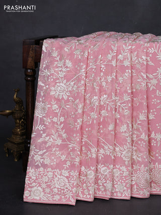 Peach Pink Georgette Saree - Parsi Embroidery