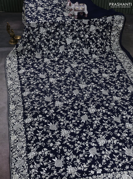 Navy Blue Georgette Saree - Parsi Embroidery
