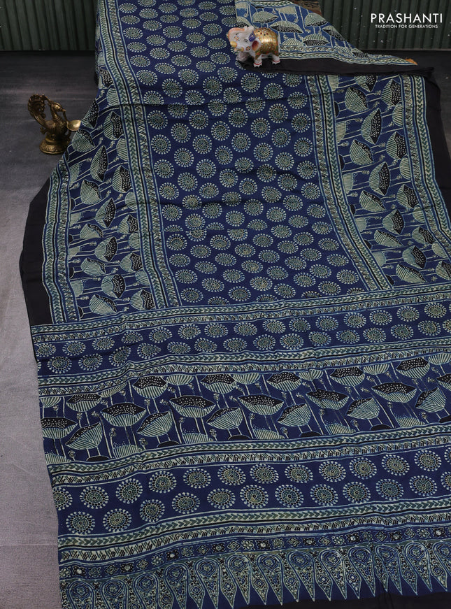 Indigo Blue & Black Modal Silk Saree - Ajrakh Prints