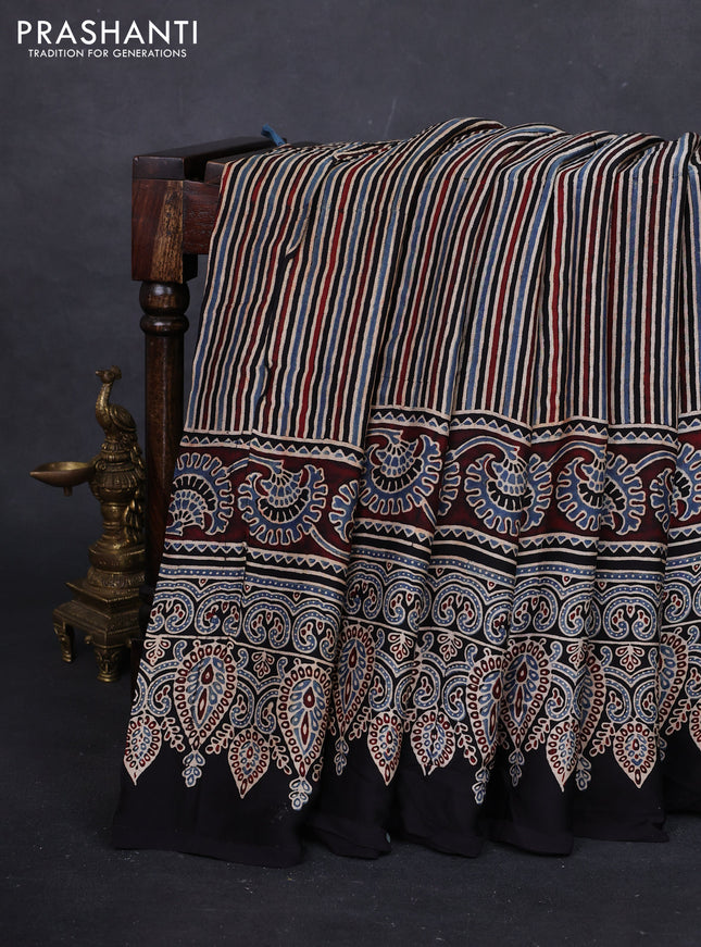 Multi Colour & Black Modal Silk Saree - Ajrakh Prints