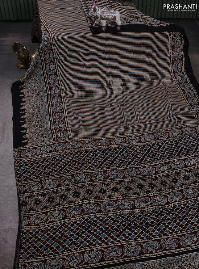Multi Colour & Black Modal Silk Saree - Ajrakh Prints