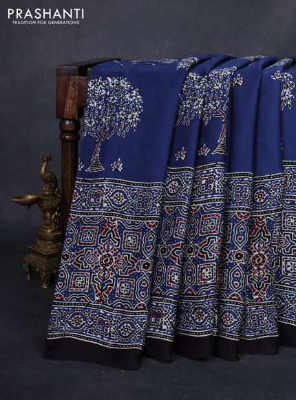 Indigo Blue & Black Modal Silk Saree - Ajrakh Prints