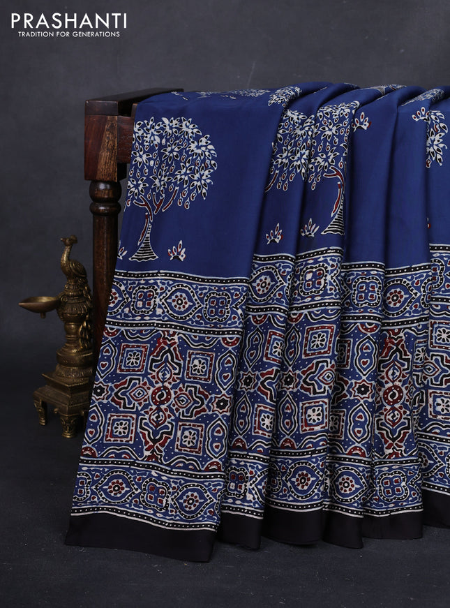 Indigo Blue & Black Modal Silk Saree - Ajrakh Prints