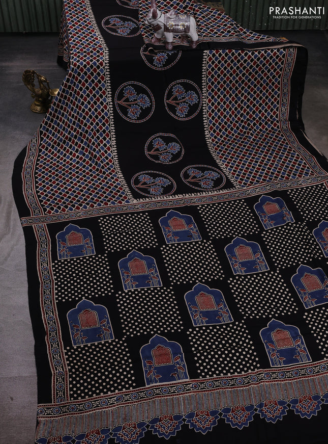 Black Modal Silk Saree - Ajrakh Prints