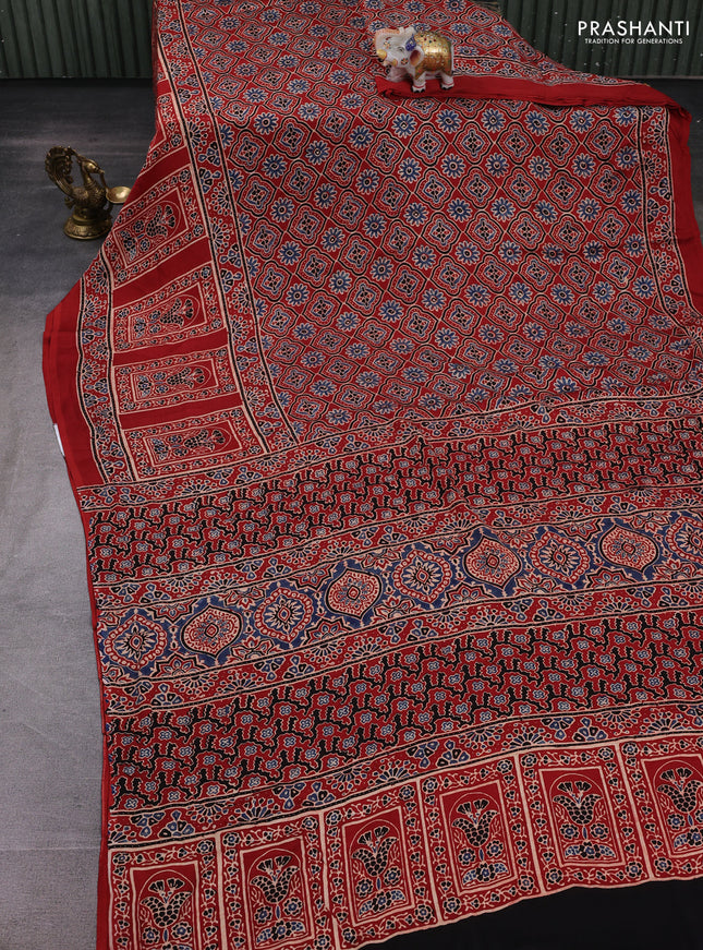 Red Modal Silk Saree - Ajrakh Prints