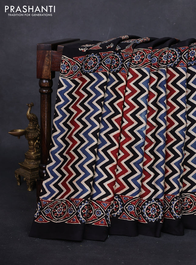 Black Modal Silk Saree - Ajrakh Prints