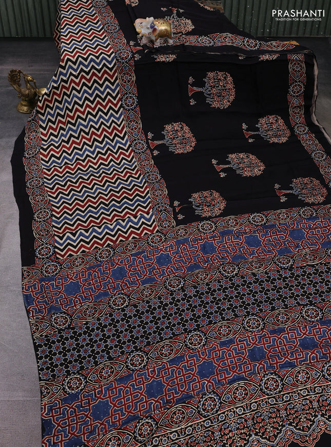 Black Modal Silk Saree - Ajrakh Prints