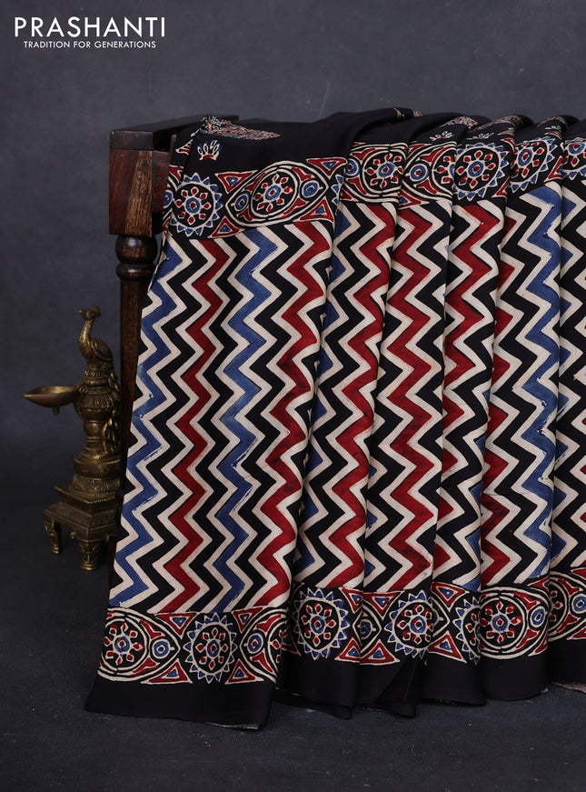 Black Modal Silk Saree - Ajrakh Prints