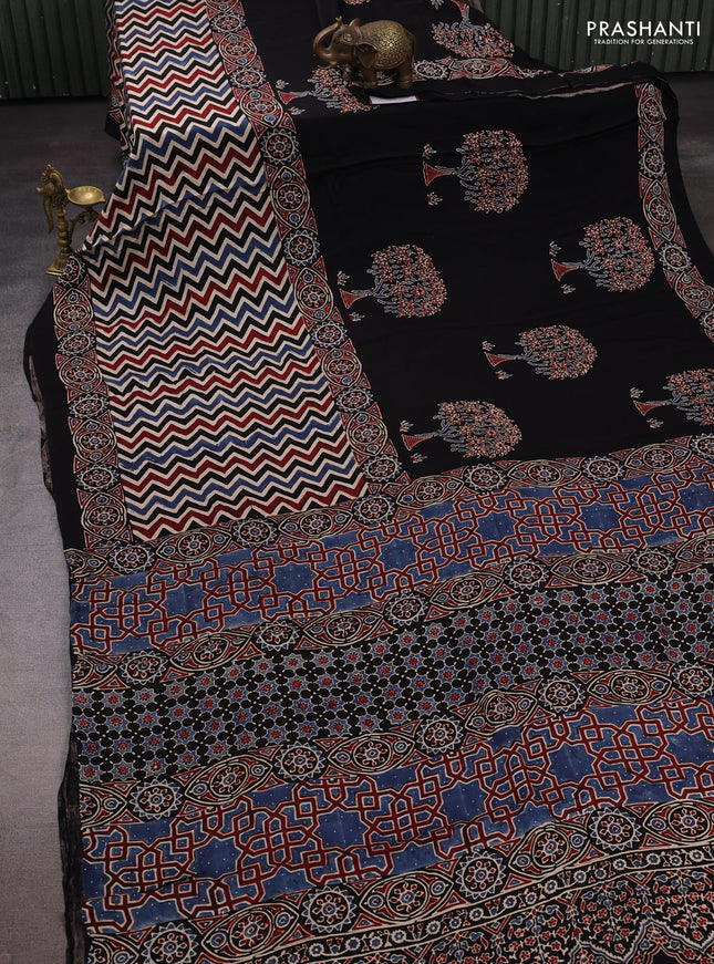 Black Modal Silk Saree - Ajrakh Prints