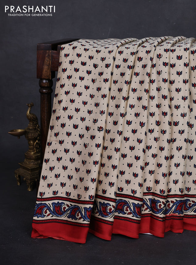 Cream & Red Modal Silk Saree - Ajrakh Prints