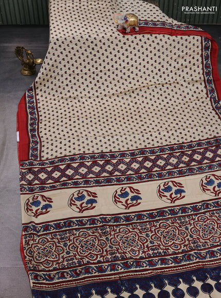 Cream & Red Modal Silk Saree - Ajrakh Prints