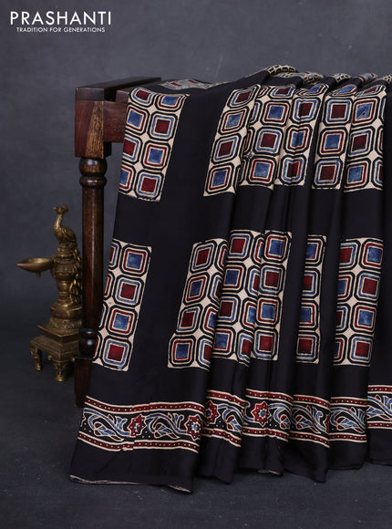 Indigo Yellow & Black Modal Silk Saree - Ajrakh Prints