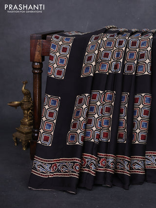 Indigo Yellow & Black Modal Silk Saree - Ajrakh Prints
