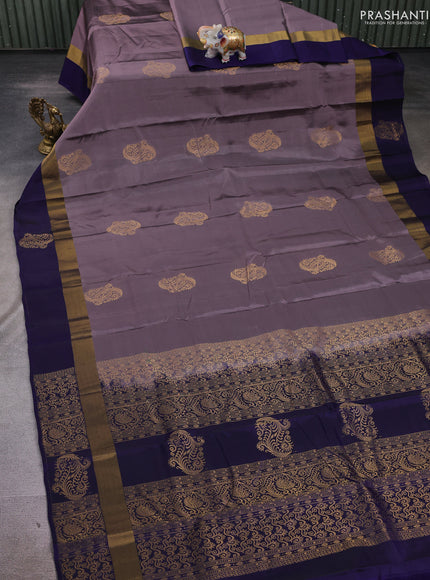 Rosy Brown & Navy Blue Kanchipuram Silk - Buttas