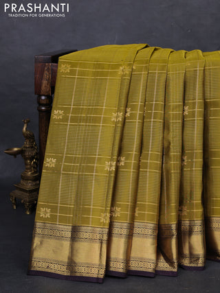 Mehendi Green & Coffee Brown Kanchipuram Silk - Checks