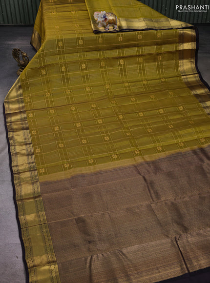 Mehendi Green & Coffee Brown Kanchipuram Silk - Checks