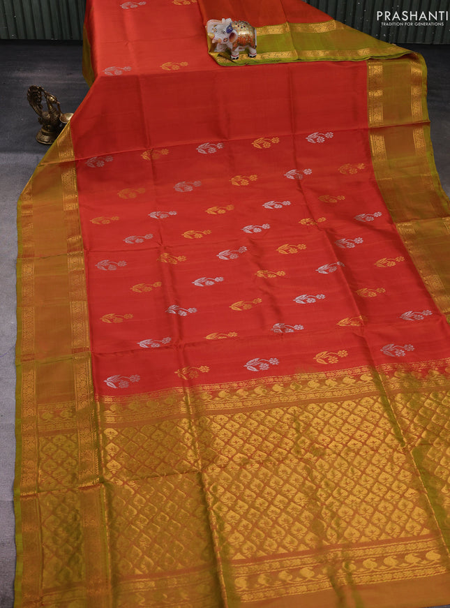 Rustic Orange & Mustard Green Pure Uppada Silk - Buttas