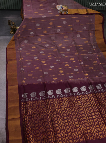 Pastel Brown & Wine Pure Uppada Silk - Weaves