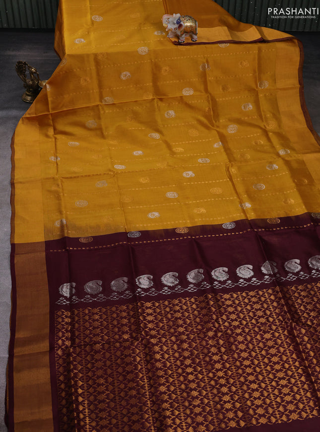 Mustard Yellow & Wine Pure Uppada Silk - Weaves