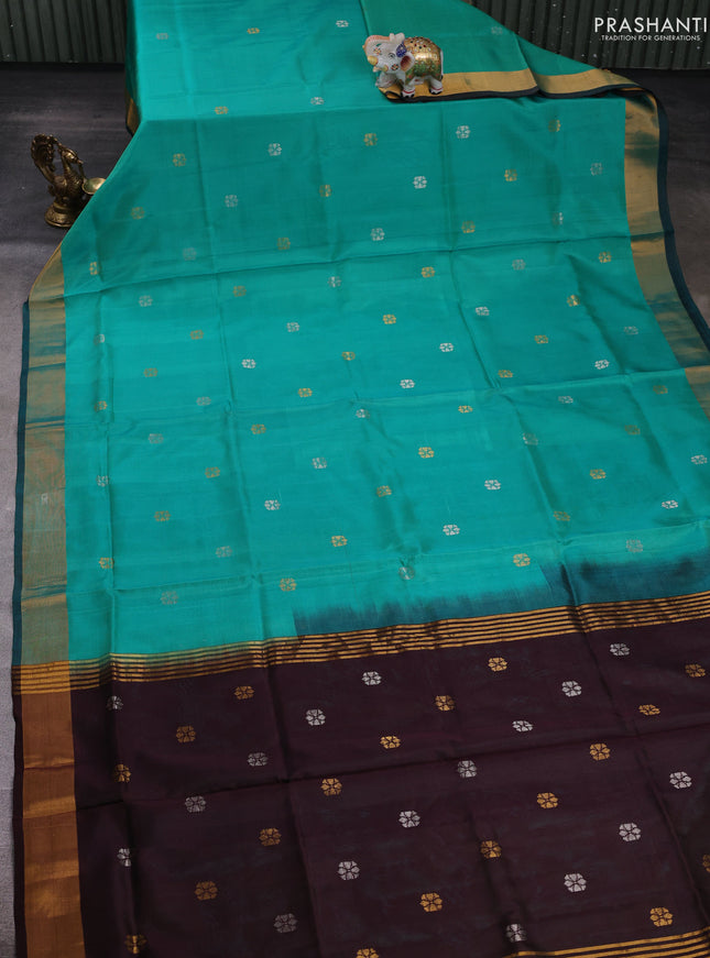 Teal Green & Coffee Brown Pure Uppada Silk - Buttas