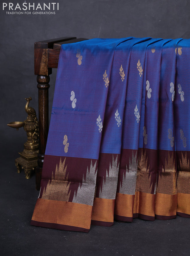 Cs Blue & Coffee Brown Pure Uppada Silk - Buttas