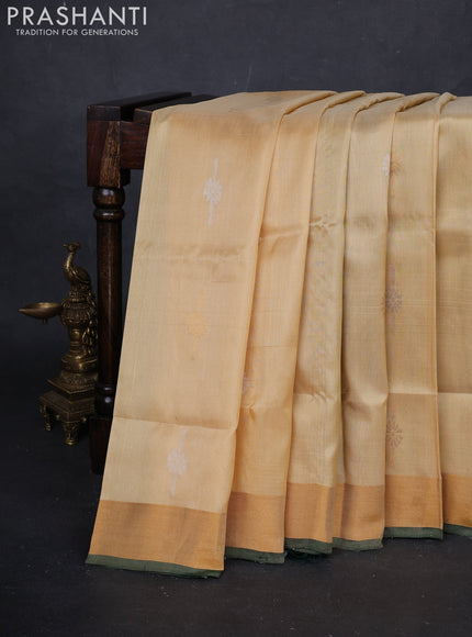 Pale Yellow & Bottle Green Pure Uppada Silk - Buttas
