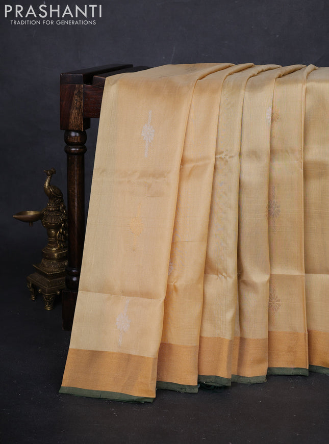 Pale Yellow & Bottle Green Pure Uppada Silk - Buttas