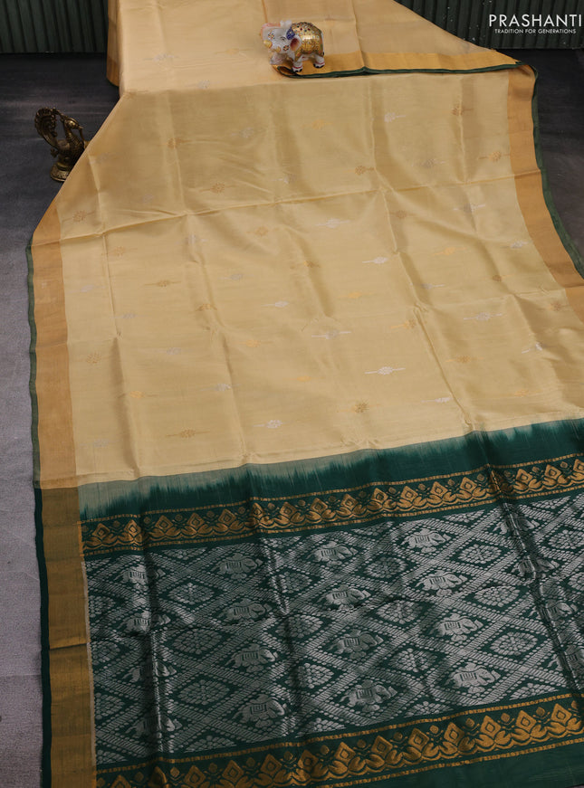 Pale Yellow & Bottle Green Pure Uppada Silk - Buttas