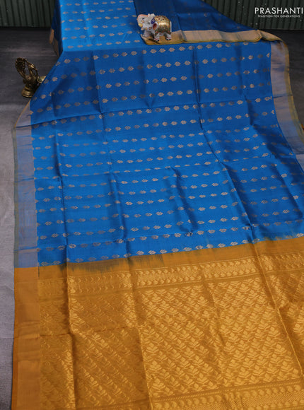 Cs Blue & Mustard Pure Uppada Silk - Buttas