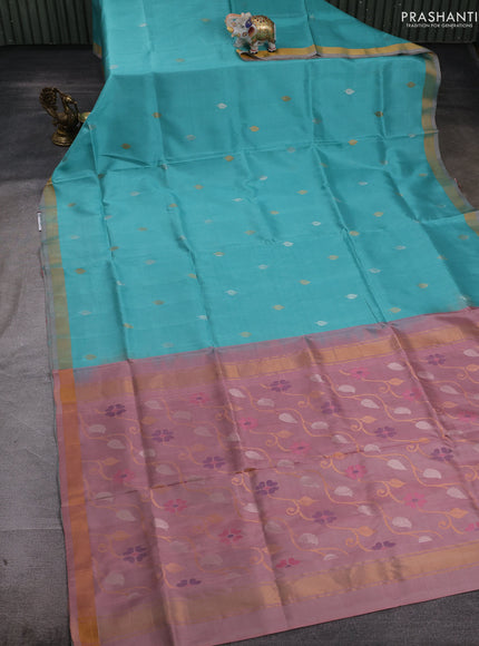 Teal Blue & Pastel Peach Pure Uppada Silk - Jamdhani Pallu
