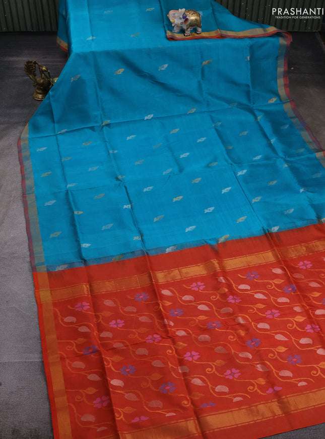 Teal Blue & Orange Pure Uppada Silk - Jamdhani Pallu