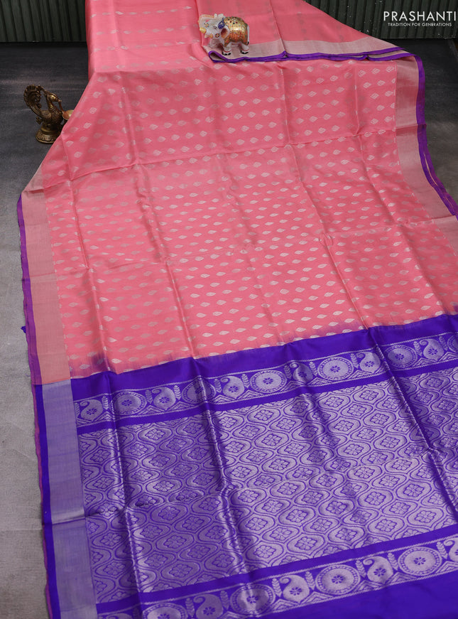 Peach  & Blue Pure Uppada Silk - Buttas