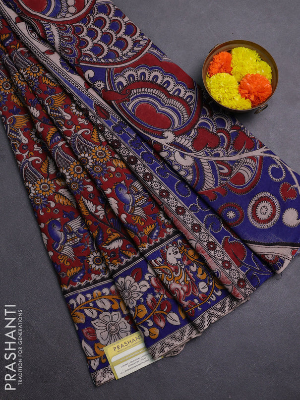 Maroon & Blue Kalamkari Cotton Saree