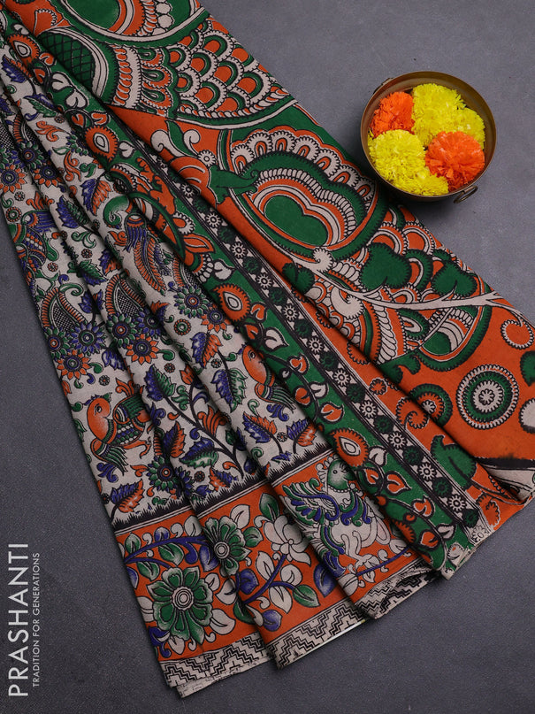 Beige & Orange Kalamkari Cotton Saree