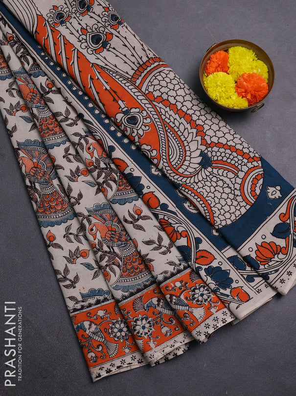 Beige & Orange Kalamkari Cotton Saree