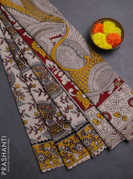 Beige & Yellow Kalamkari Cotton Saree